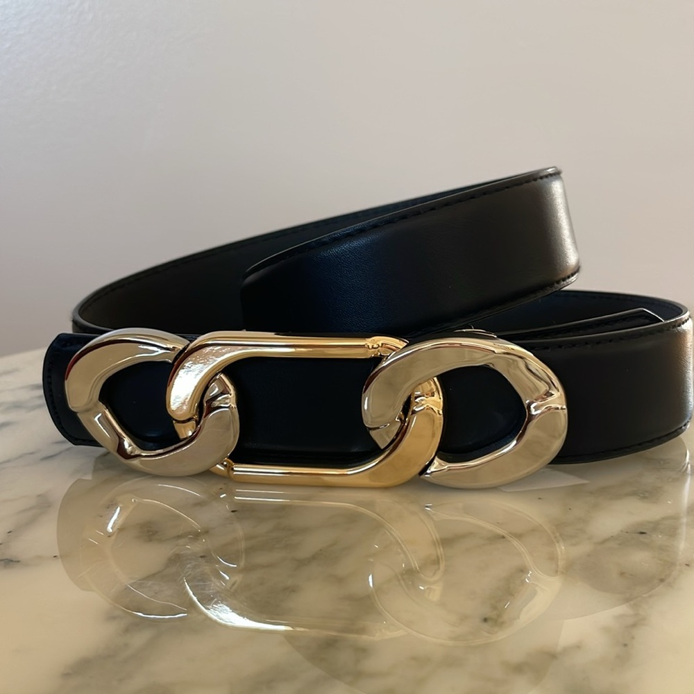 NEW Rachel Zoe Leather Black Gold Silver Metal Belt. Size S-M - Picture 1 of 6